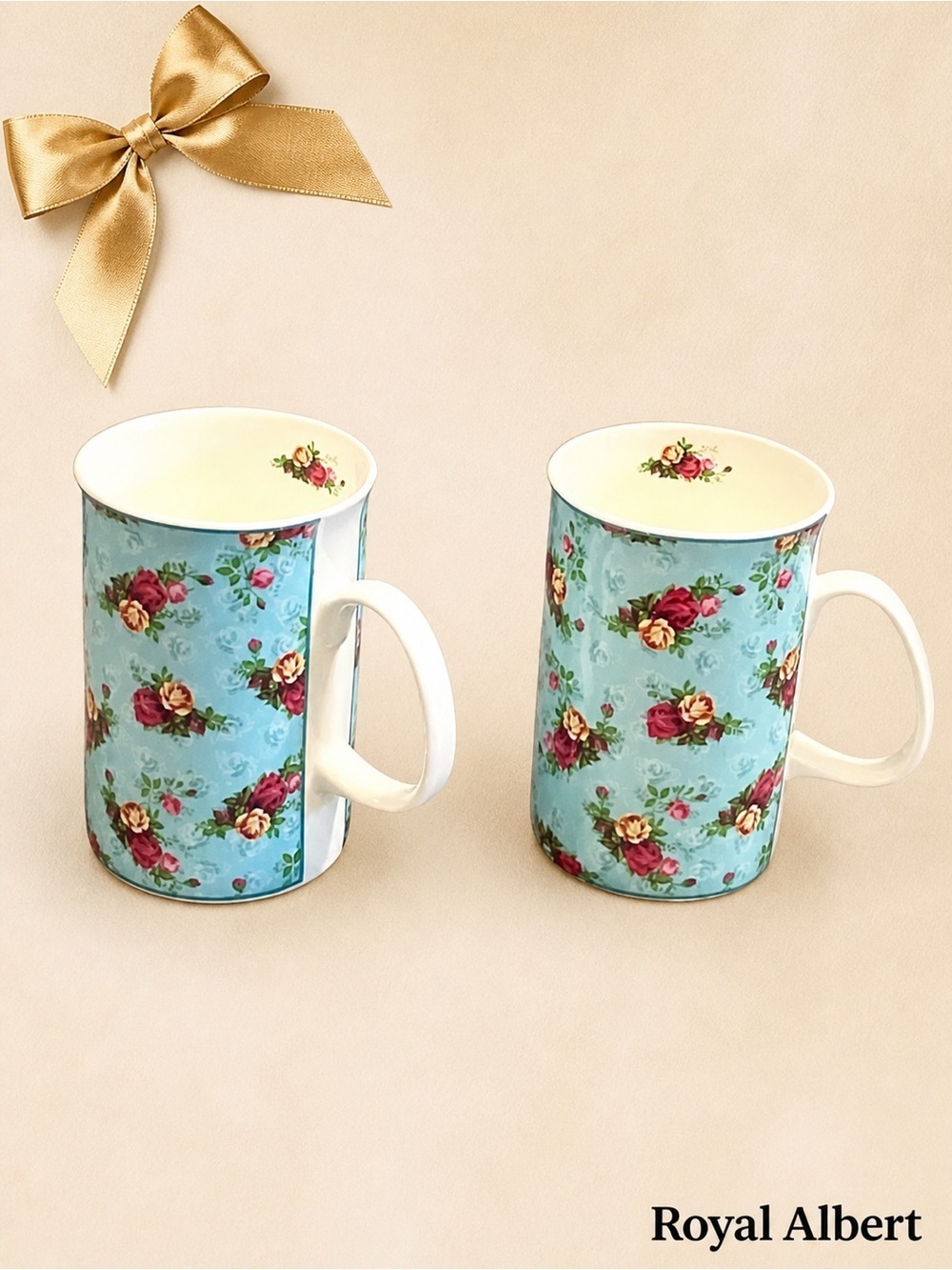 Royal Albert Mug Set of 2 Blue Pink Floral Fine Bone China 5 x 2 1/2 inch